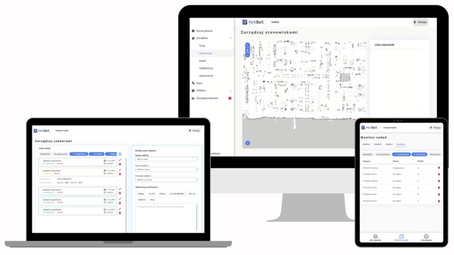 Interfejs oprogramowania HetBot widoczny na komputerze, tablecie i smartfonie - umożliwiający zarządzanie zadaniami i mapą zakładu.